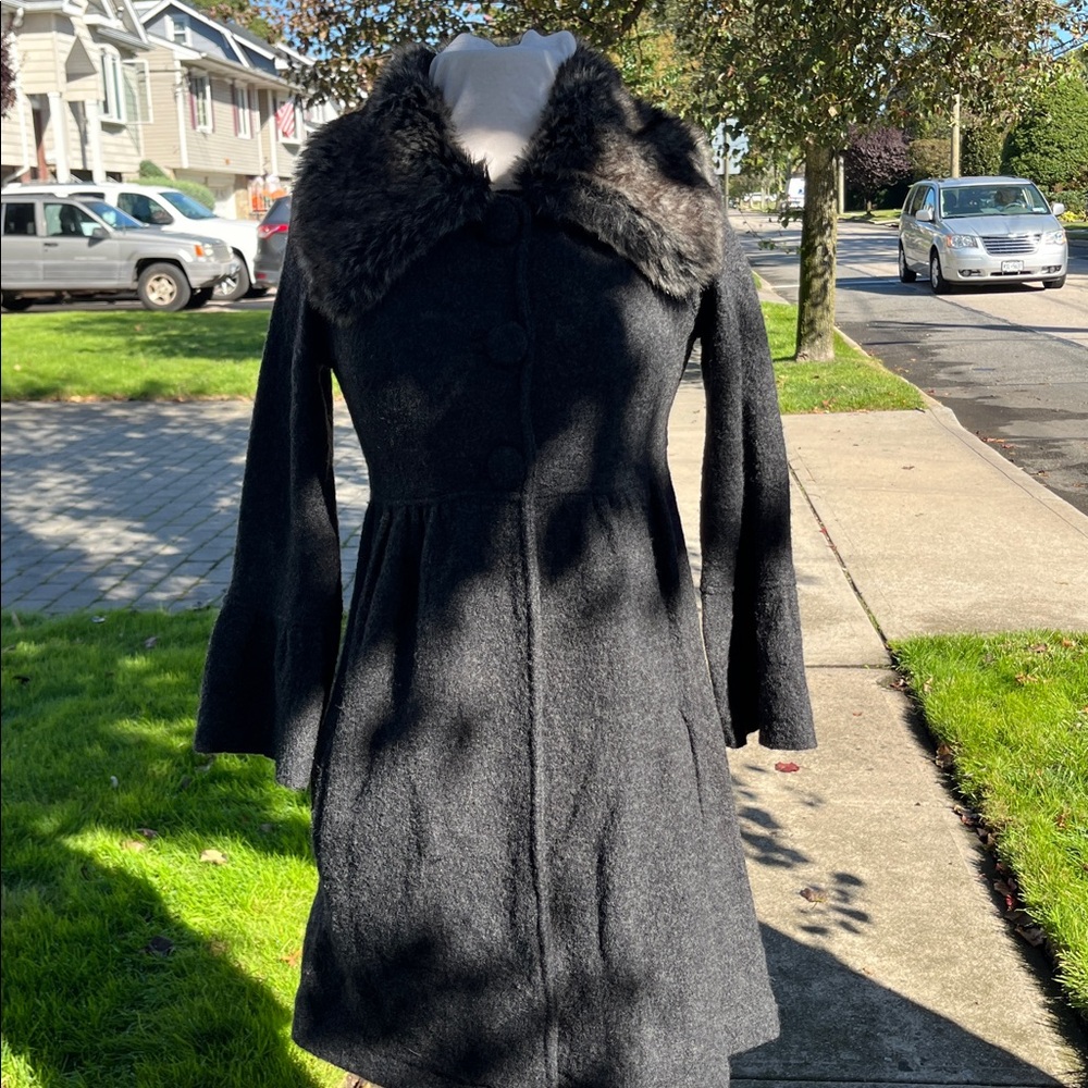 Zara dark grey Wool Coat with Faux Fur Trim